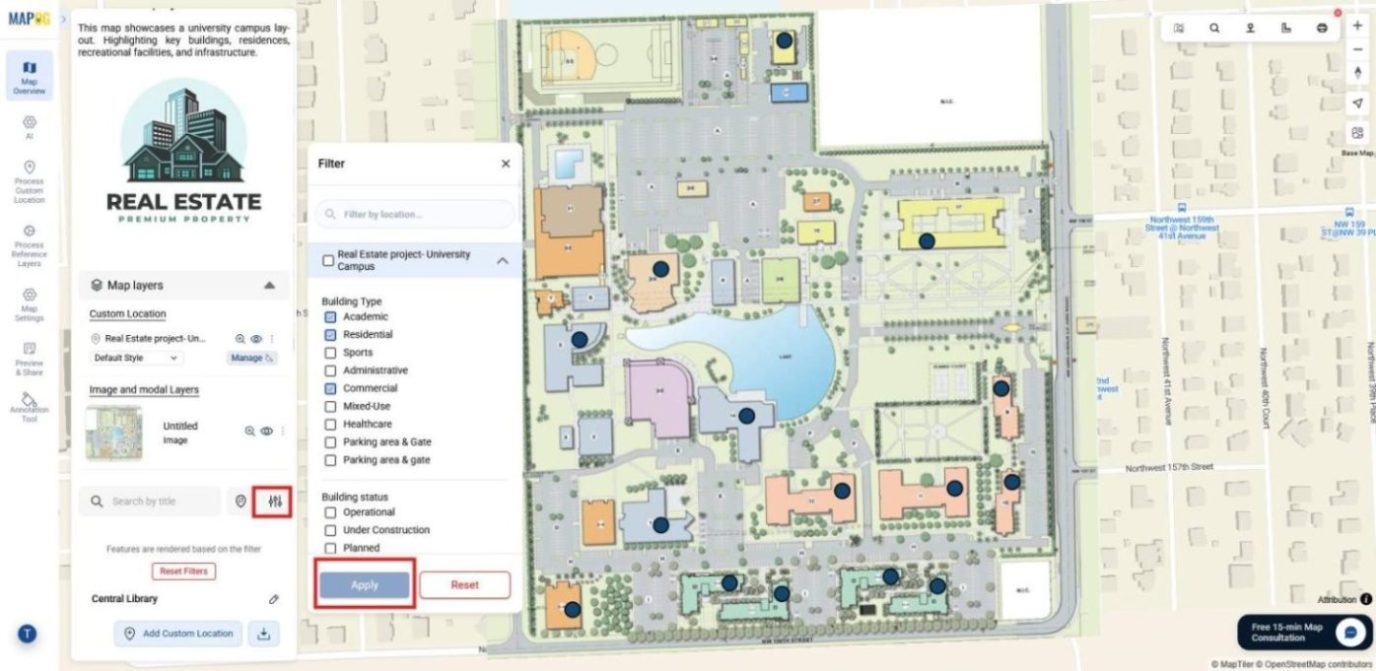 Shows filtering option where map points are  segmented by type, range, or category and then applied to simplify exploration in order to visualize an interactive campus map for real estate projects.