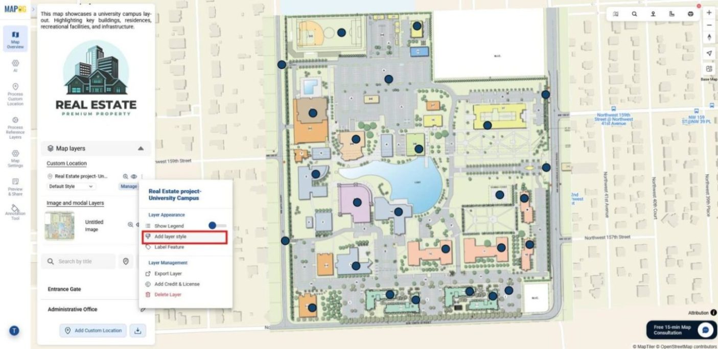 Shows map layer settings panel where add layer style option is selected.