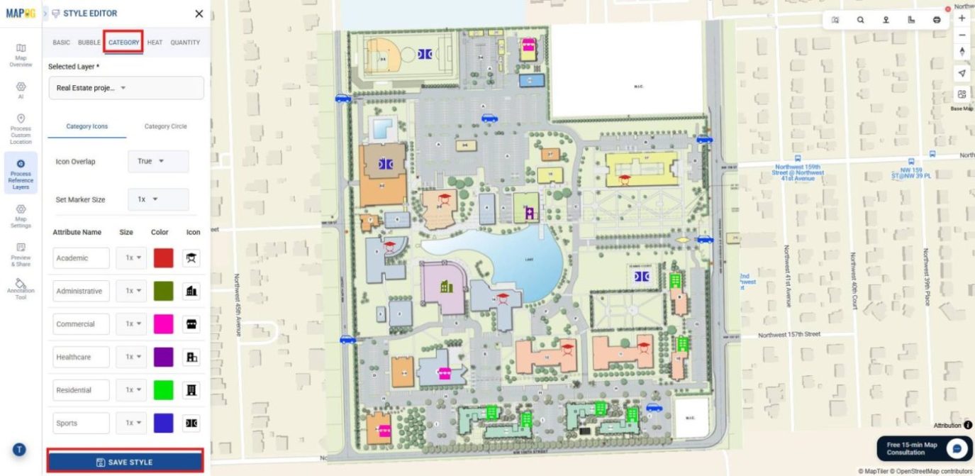 Interface displaying category options where an attribute is selected and visually distinguished using colors and icons.