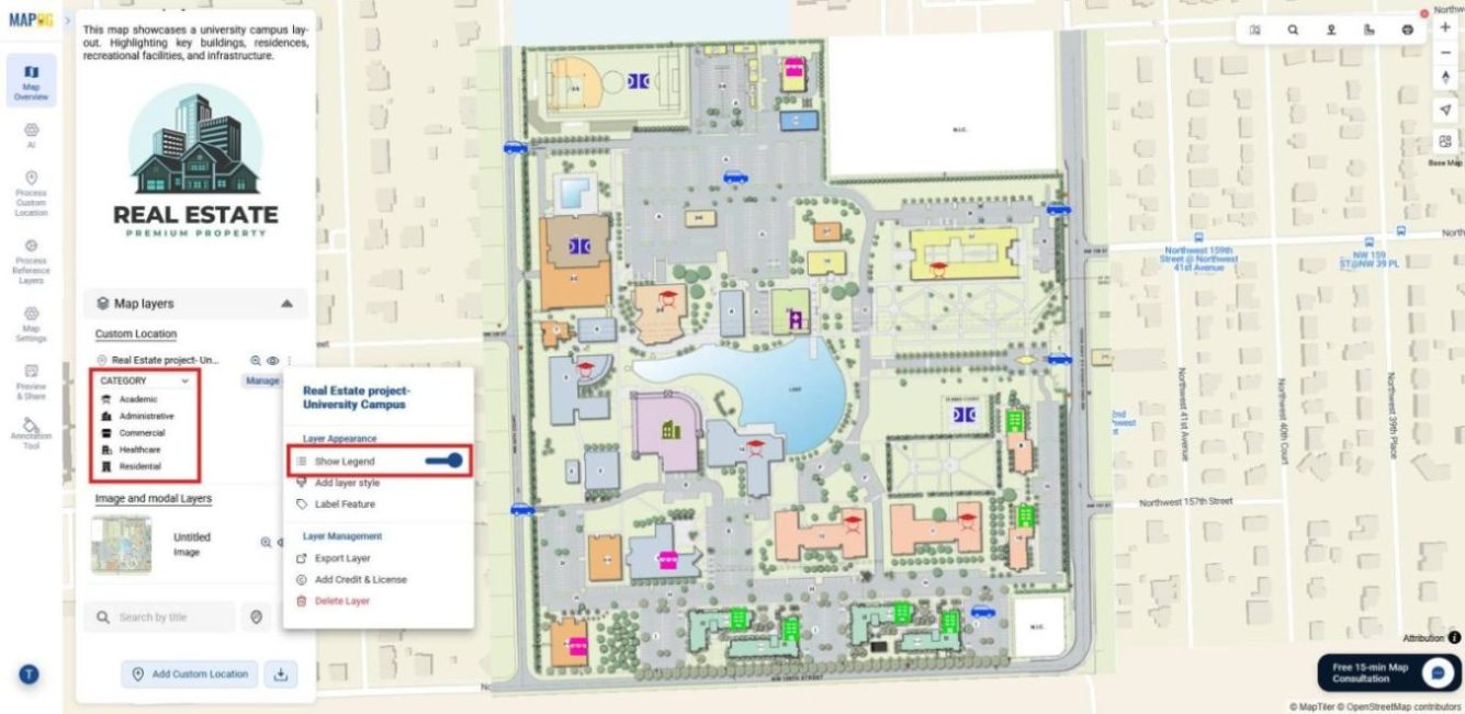 Legend enabled with highlighted icons, making the interactive campus map for real estate projects clear and easy to interpret.