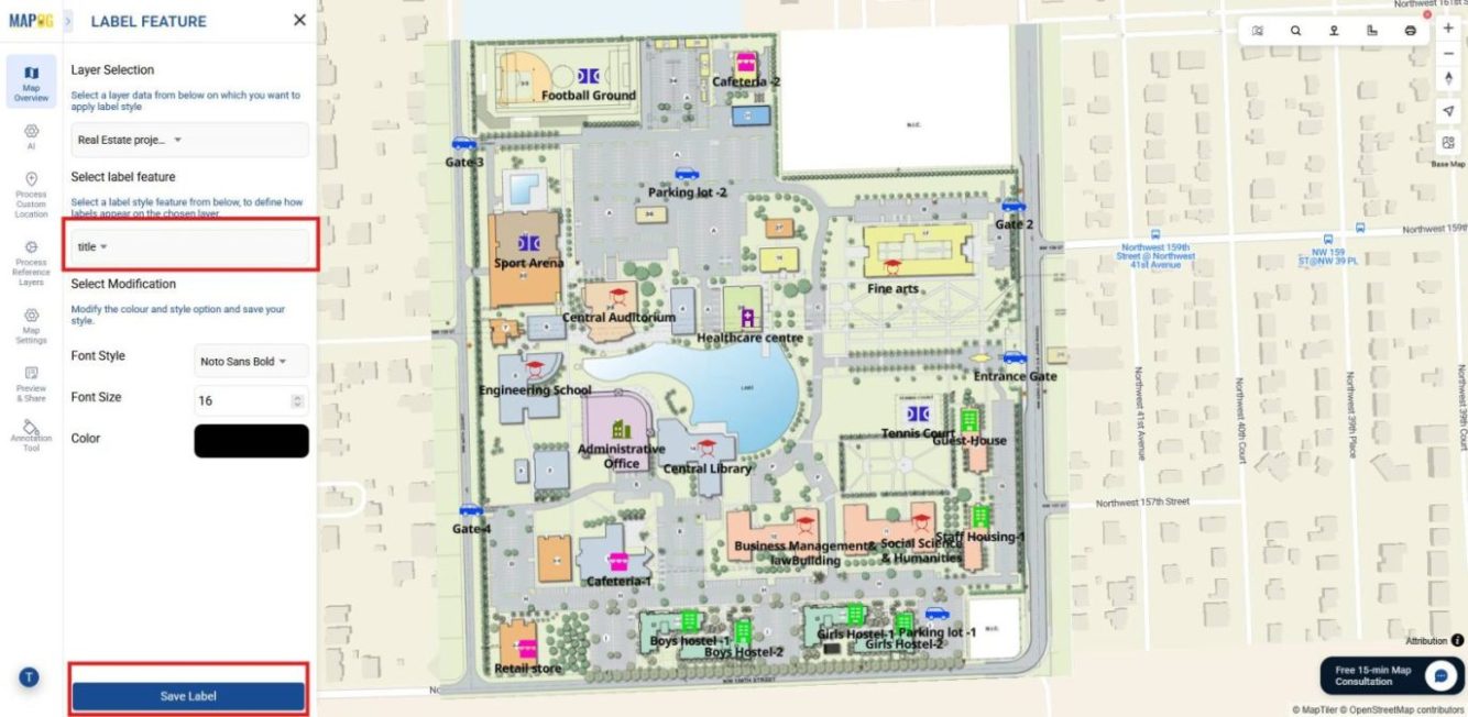 Interface showing the label feature where an attribute is selected and its labels are added to points, making the interactive campus map for real estate projects clear and easy to read.