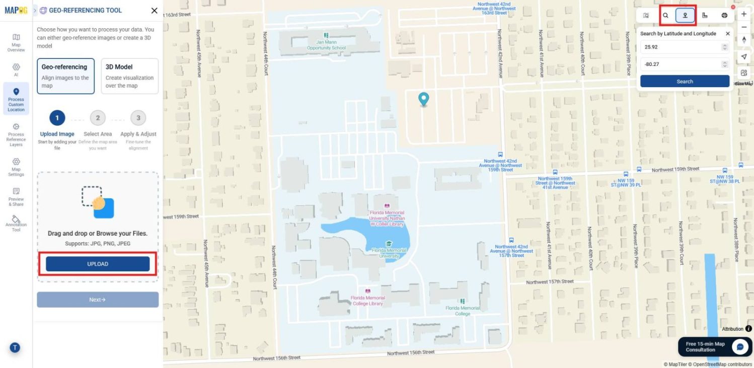 Highlights the Toolbox section where search by location and coordinate tool  helps in searching  an area by name or coordinates and then shows uploading a layout image in JPG, PNG, or JPEG format.