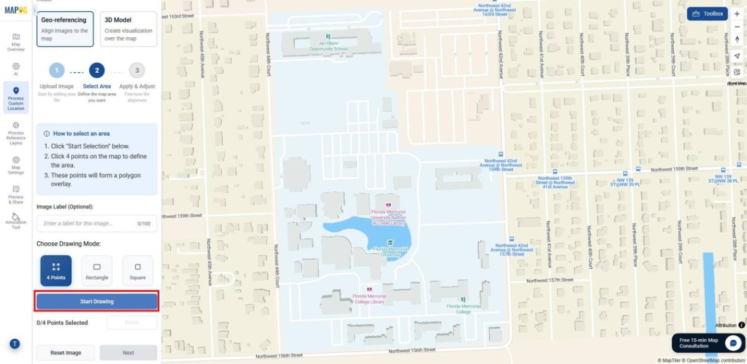 Shows options panel with drawing modes such as four points, rectangle, or square and then clicking start drawing tab to start outlining the layout area.