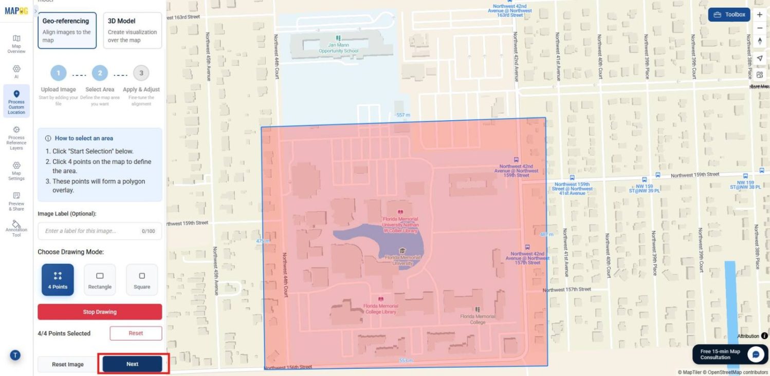 MAPOG  interface showing poly points being added to define the boundary of the selected area.