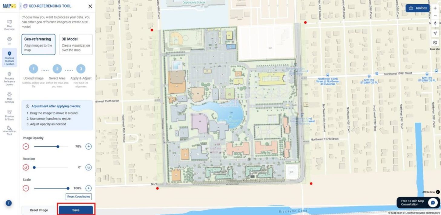 Shows layout image being aligned with the base map using opacity, rotation, and scale adjustments and saving it.