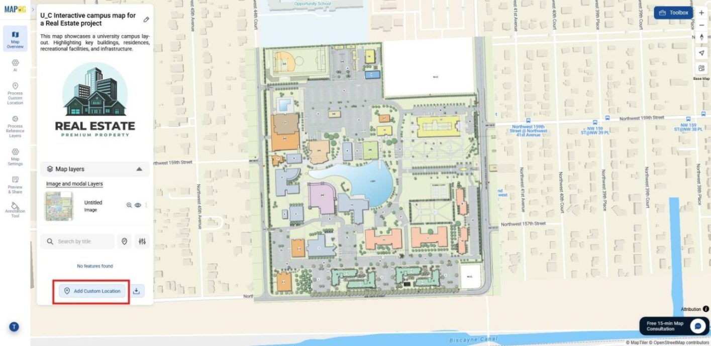 Highlighting the “Add Custom Location” option to plot map points on features.