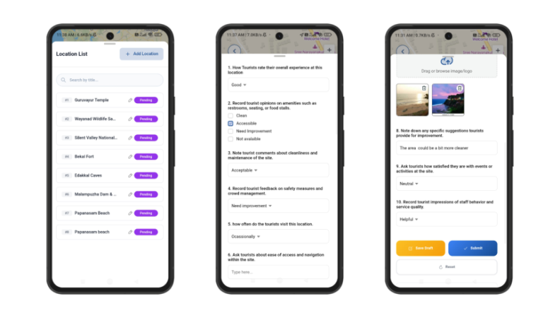 283Survey Shows add Location option allowing users to search, plot, and add details like titles, descriptions, and photos and saving it to collect tourist feedback and images