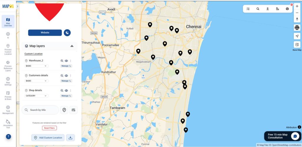 Filtered retail locations displayed on map