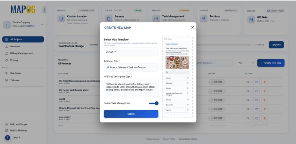 Create a new map in MAPOG dashboard