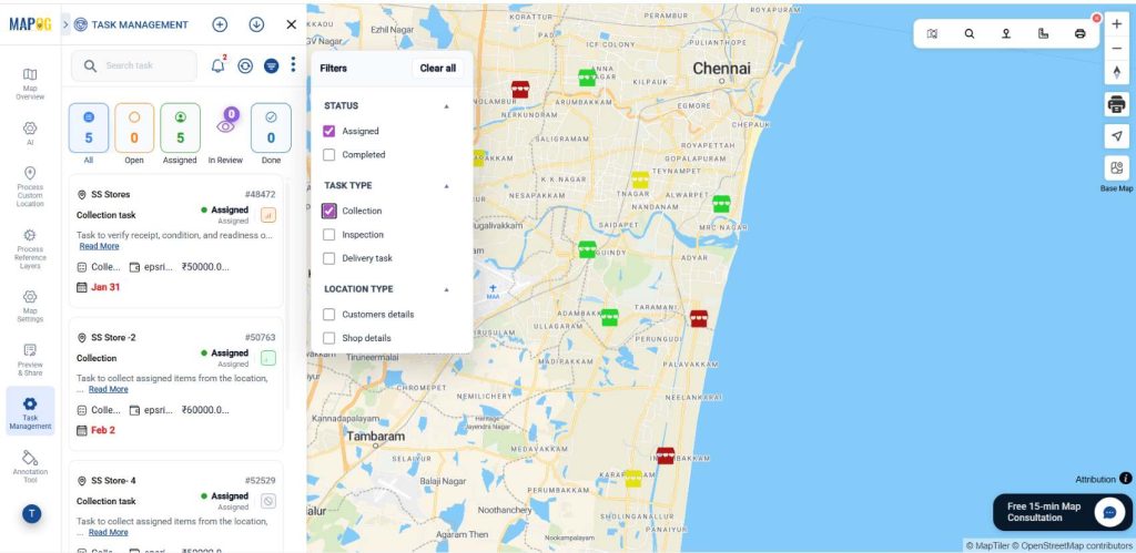 Filter retail task updates in real time to manage retail locations and tasks
