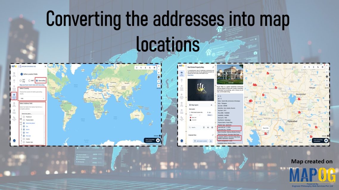 Interface showing geocoding options for converting the addresses into map locations, with property details and mapped points displayed.
