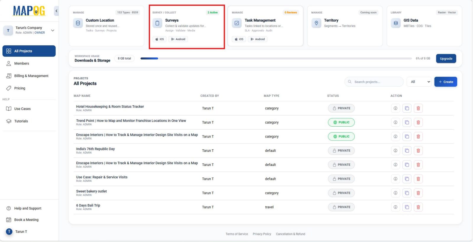 Screenshot 2026-01-28 154501 Interface showing survey section with option to create new mobile data collection project.