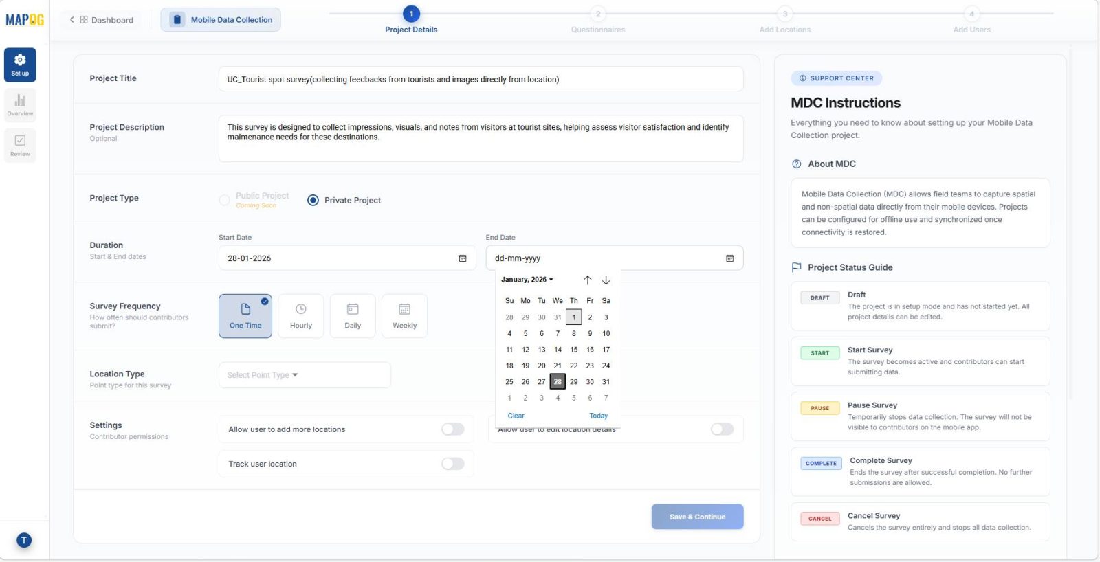 Screenshot 2026-01-28 154935 Interface showing entering project title, description, survey dates, and frequency options.