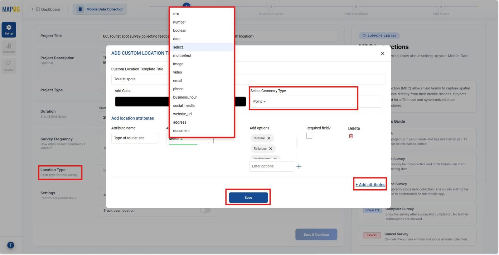 Screenshot 2026-01-28 155439 Shows Location type setup screen with geometry point selection and attributes like select, multiselect, Boolean, and text.