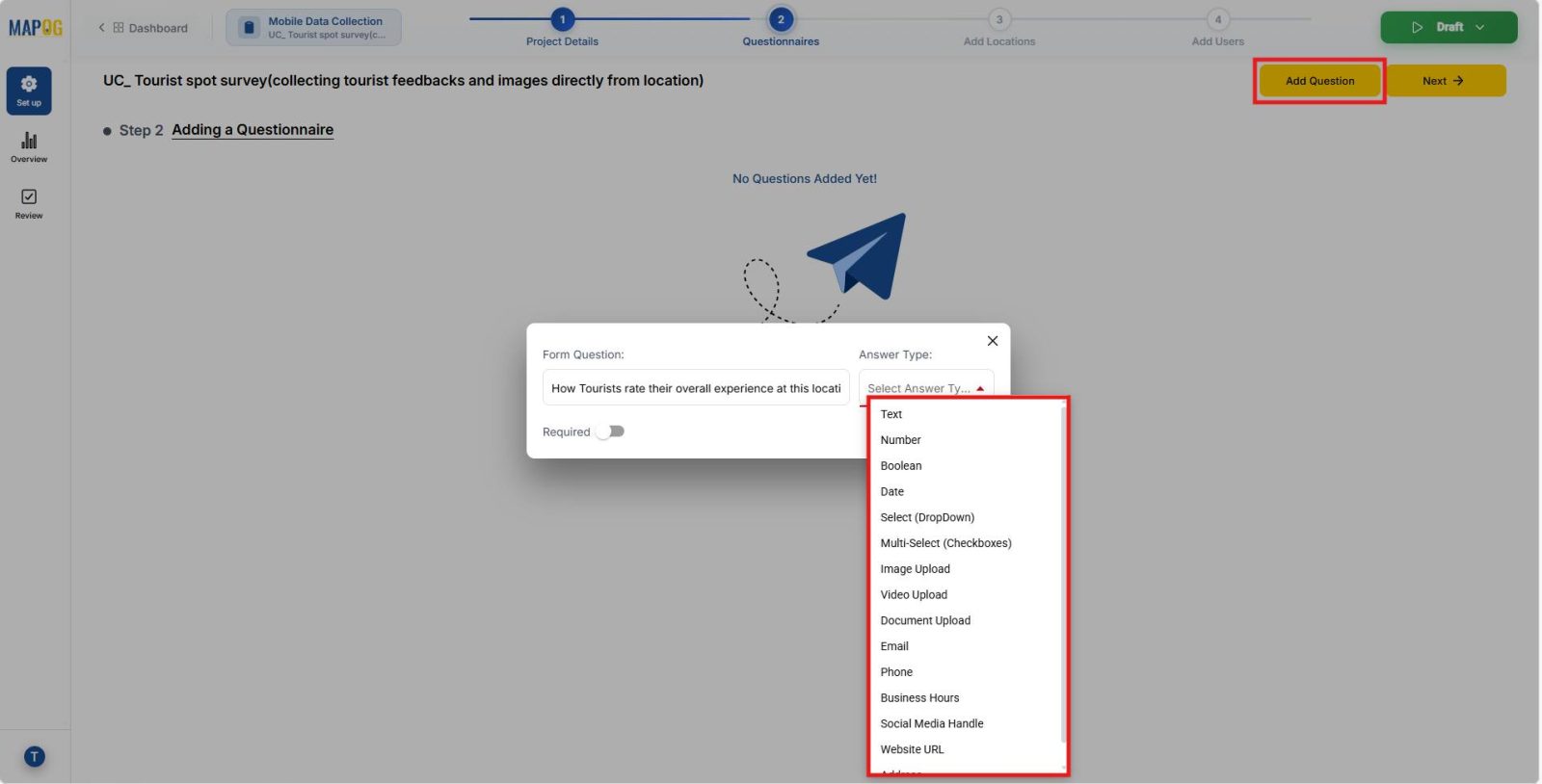 Screenshot 2026-01-29 080425 Interface showing building survey form with Add Question option for creating tourist feedback prompts.
