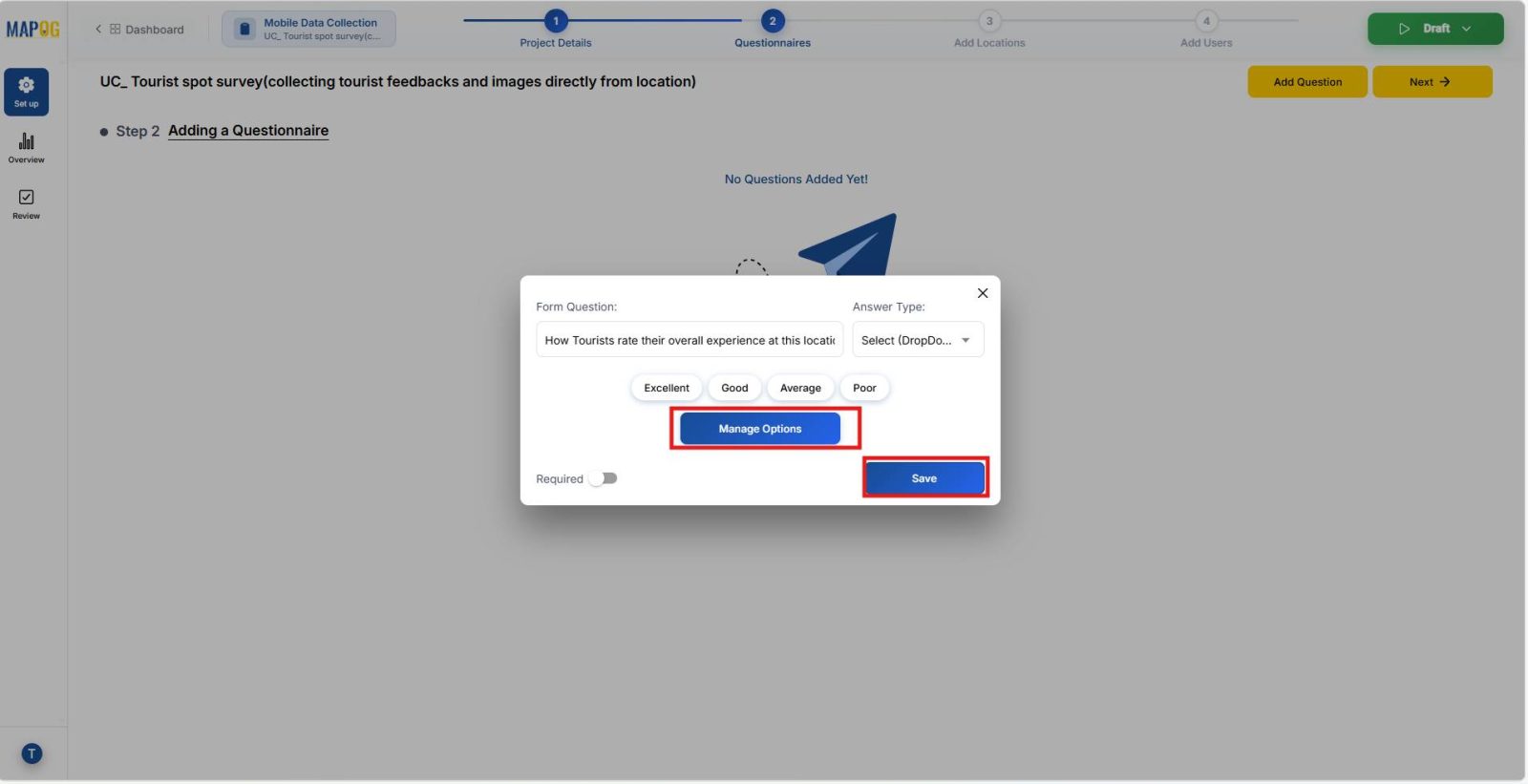 Screenshot 2026-01-29 080620 Shows Manage Options screen for editing rating choices such as Excellent, Good, Average, Poor.