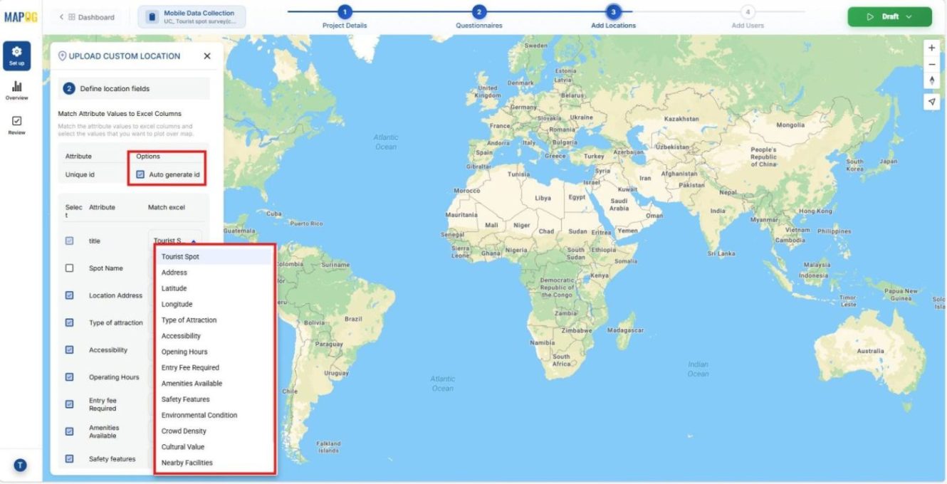 Screenshot 2026-01-29 082220 Map view displaying uploaded points with auto‑generated IDs matched to attributes.