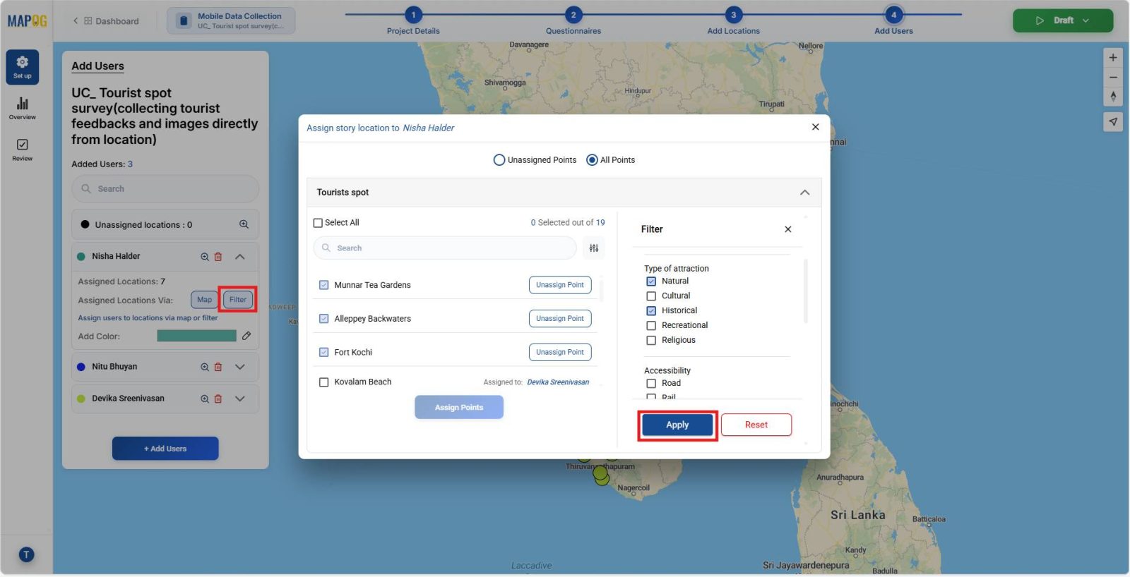 Screenshot 2026-01-29 083044 Shows how Filter panel narrow points by attributes such as attraction type or accessibility notes to collect tourist feedback more effectively.