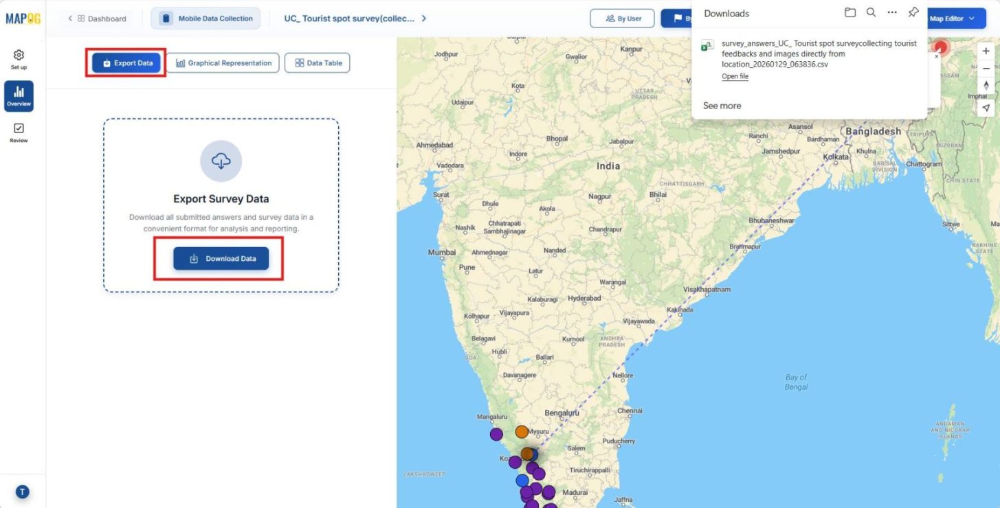 Screenshot 2026-01-29 120912 Shows Export data tab for downloading survey results as CSV files.