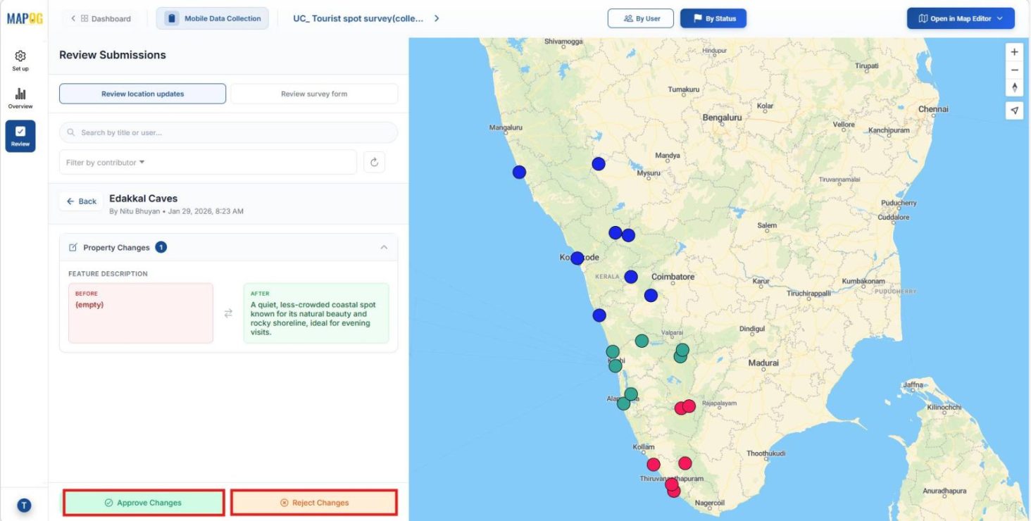 Screenshot 2026-01-29 122706 Shows review section where admins approve updates and analyze tourist feedback collected from locations.