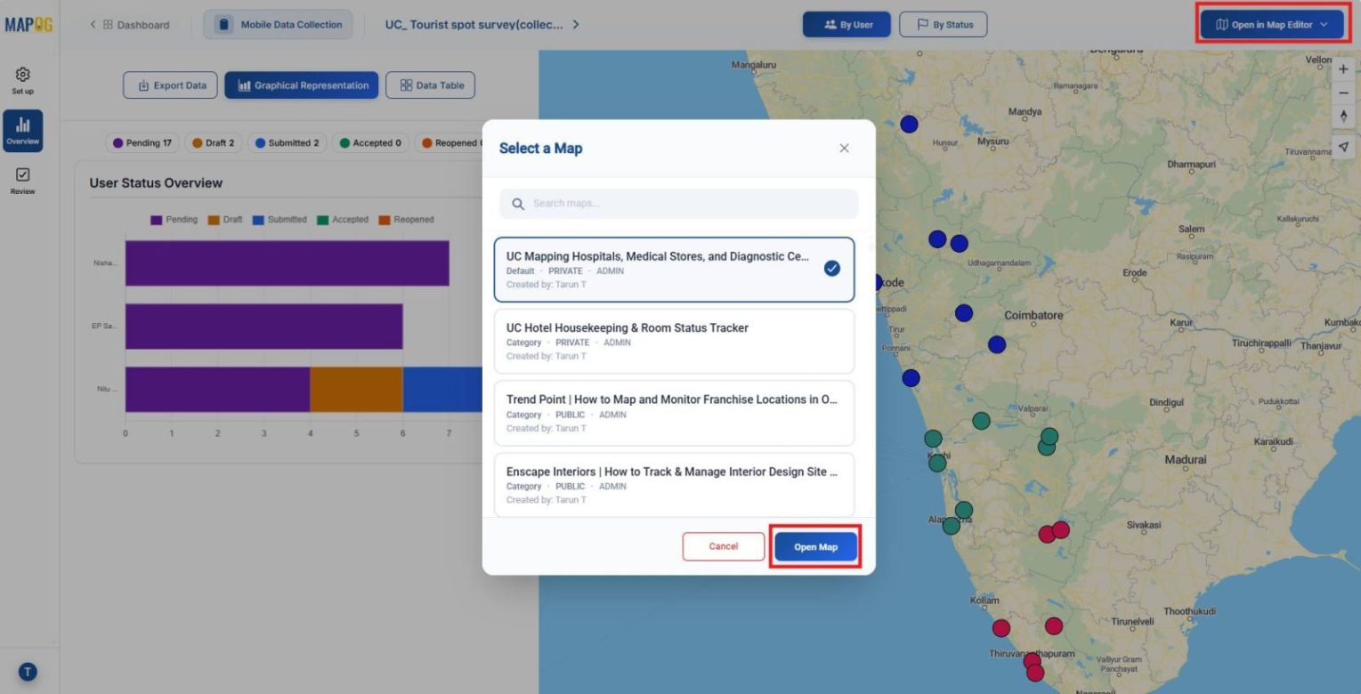 Screenshot 2026-01-29 123435 Shows Open Map Editor option to view or edit survey maps within new or existing projects.