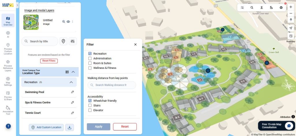 Use filtering tools to group points on your virtual hotel campus tour map
