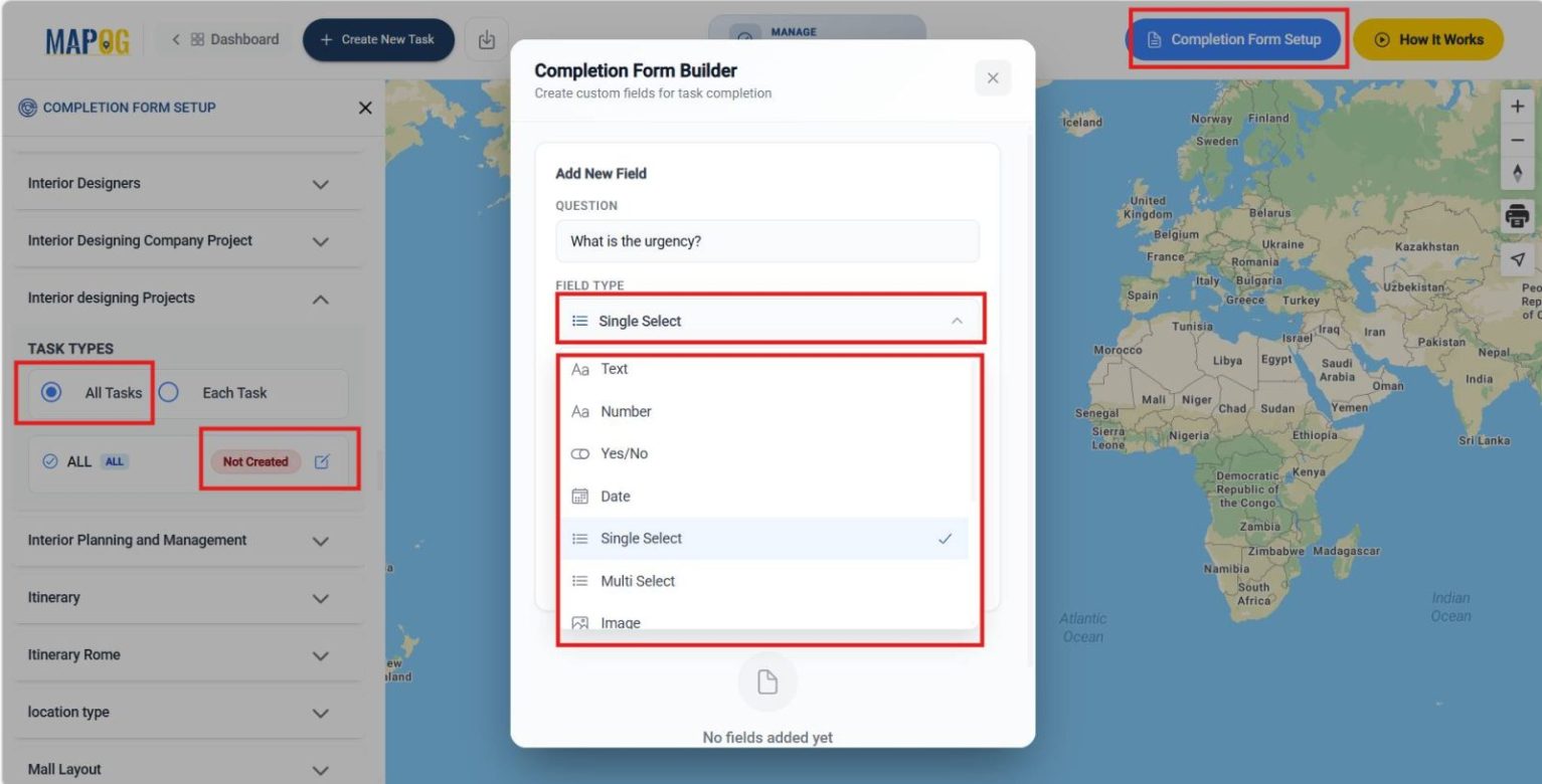 Shows completion form with Yes/No, photo upload, and material type fields, strengthening task management to manage interior design projects.