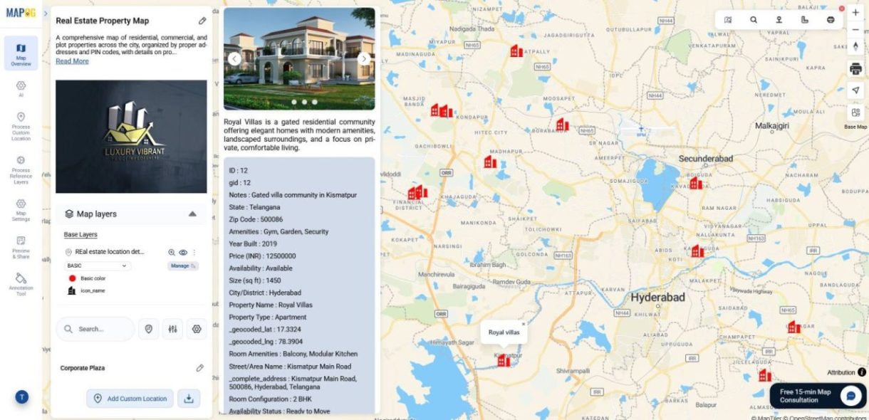 Final result view with pop‑up site details, showing all property locations mapped by converting the addresses into map locations.