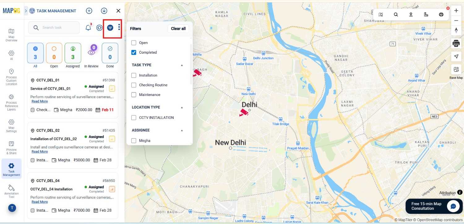 filter tasks which are assigned , completed then Track Installation locations