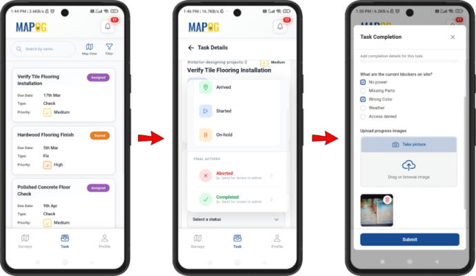 Contributor App mobile view showing task list with task update stages and completion forms filled with images and comments.