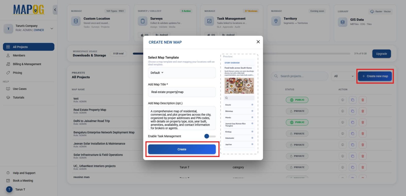 Interface showing how to create a new map for project setup.