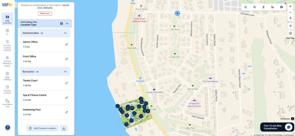 Distance between mapped points and searched location