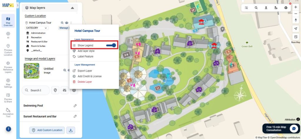 Enable show legend and label feature for virtual hotel campus tour map