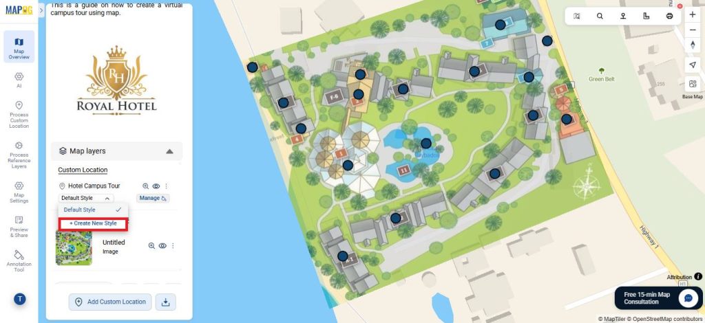Create new style for virtual hotel campus tour map