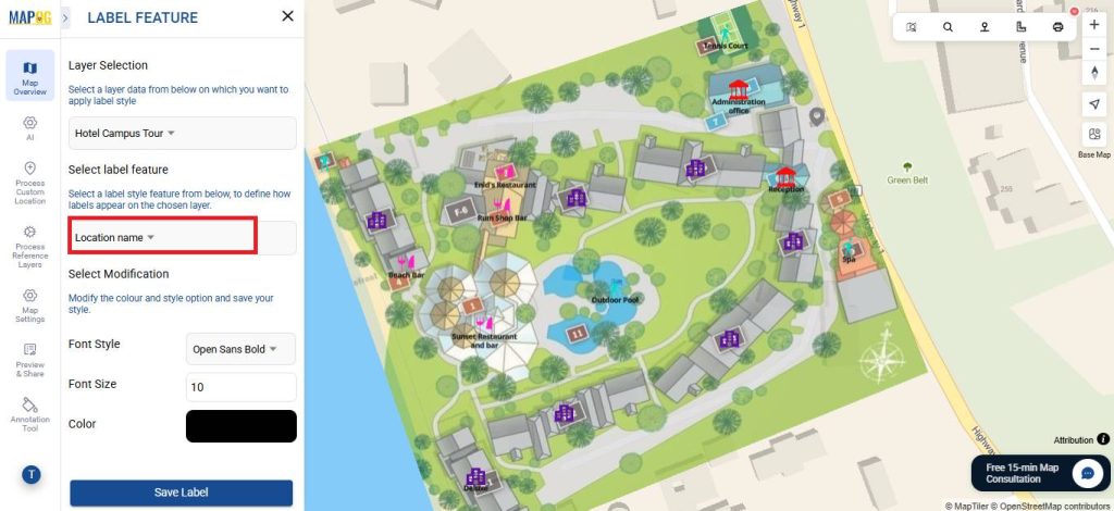 Select label feature for virtual hotel campus tour map