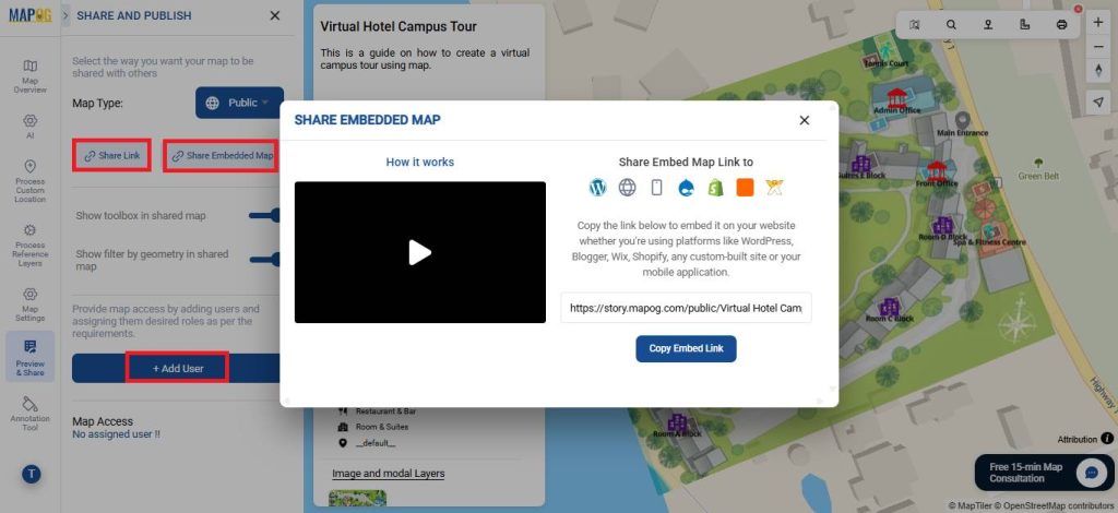 Preview and share the virtual hotel campus tour map