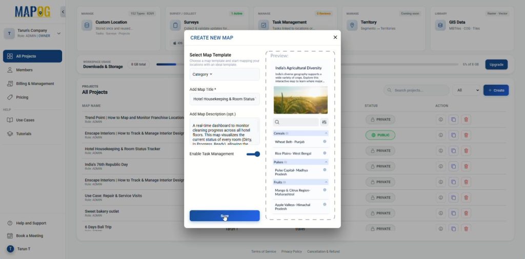 MAPOG new map set up dashboard