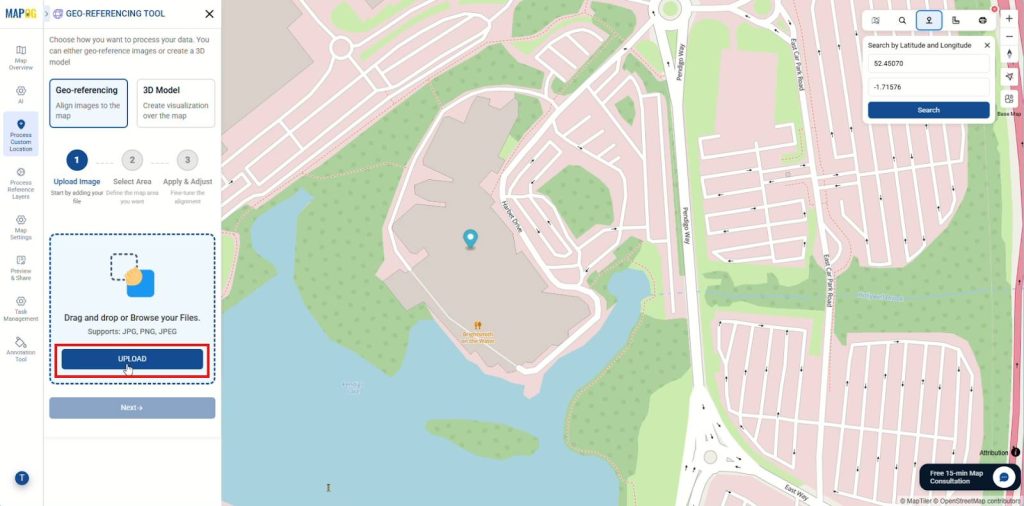 Search for location and upload layout for geo-referencing
