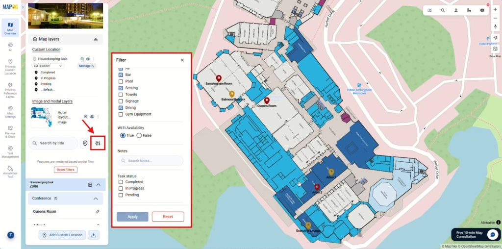 Filter options to manage housekeeping tasks by status, category, and amenities