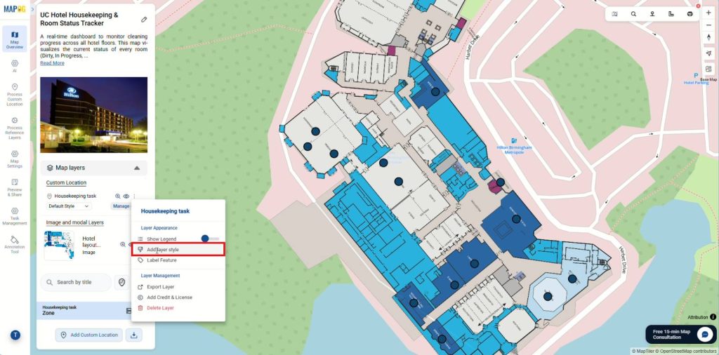 Map layer styling to visually manage housekeeping tasks by zone and status