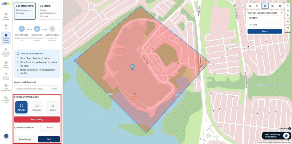 Define area by adding points with drawing mode (e.g., four points, rectangle, or square),
