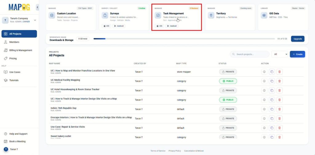 MAPOG dashboard showing task management section.