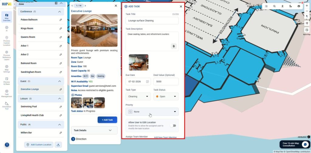 Create and assign tasks to manage housekeeping tasks with priority and due date