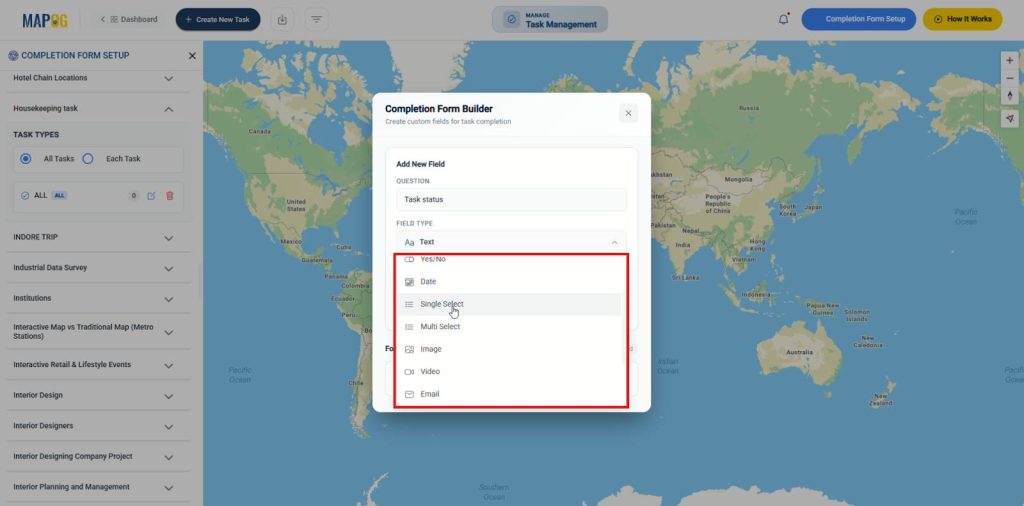 Completion form builder with questions and answer type.