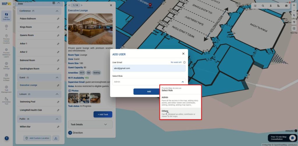 Add user roles to manage housekeeping tasks with map access permissions
