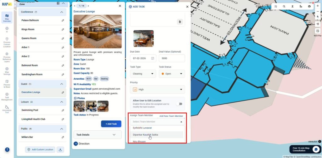 Assign team members to manage housekeeping tasks by location and priority