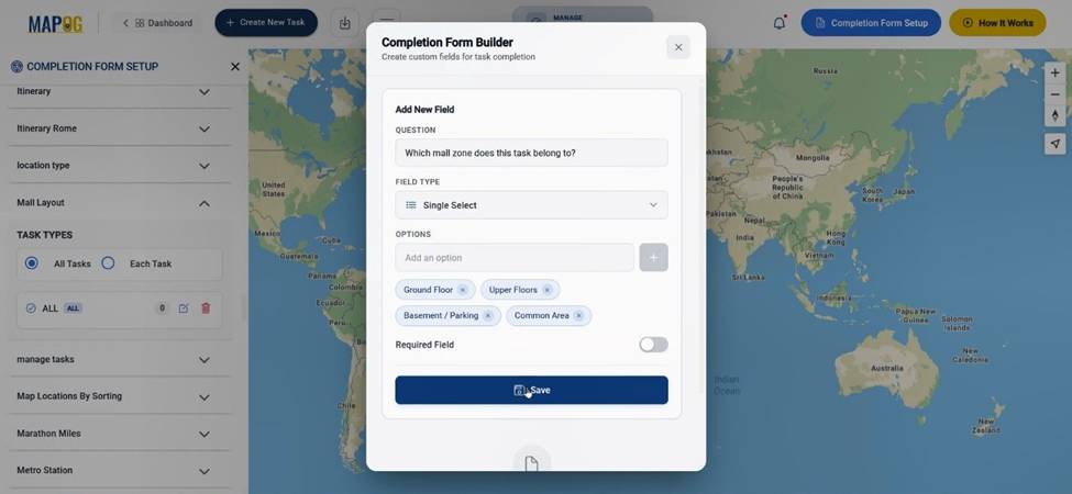 Digitize a Mall Layout completion form setup inside MAPOG Task Management with survey questions added.