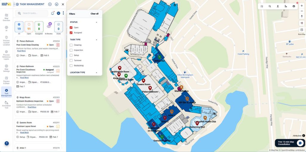 Interactive map dashboard to manage housekeeping tasks with real-time status
