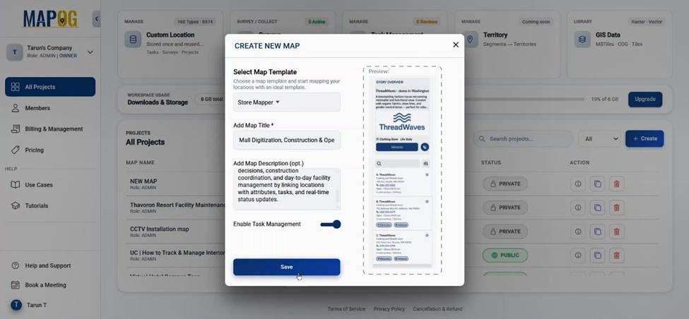 Digitize a Mall Layout map creation screen using Store Mapper template with task management enabled.