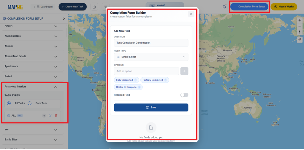 Completion form setup for Interior Design Site Visits